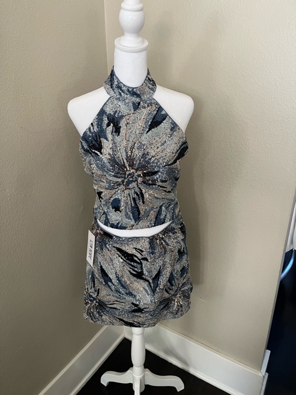 12th Tribe Silver and Blue Sequin Floral Two-Piece